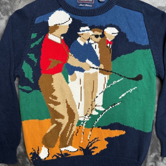 Vintage Hathaway Hand-Intarsia Knit Gold Swinger Club Pullover Crewneck Medium - Picture 2 of 8
